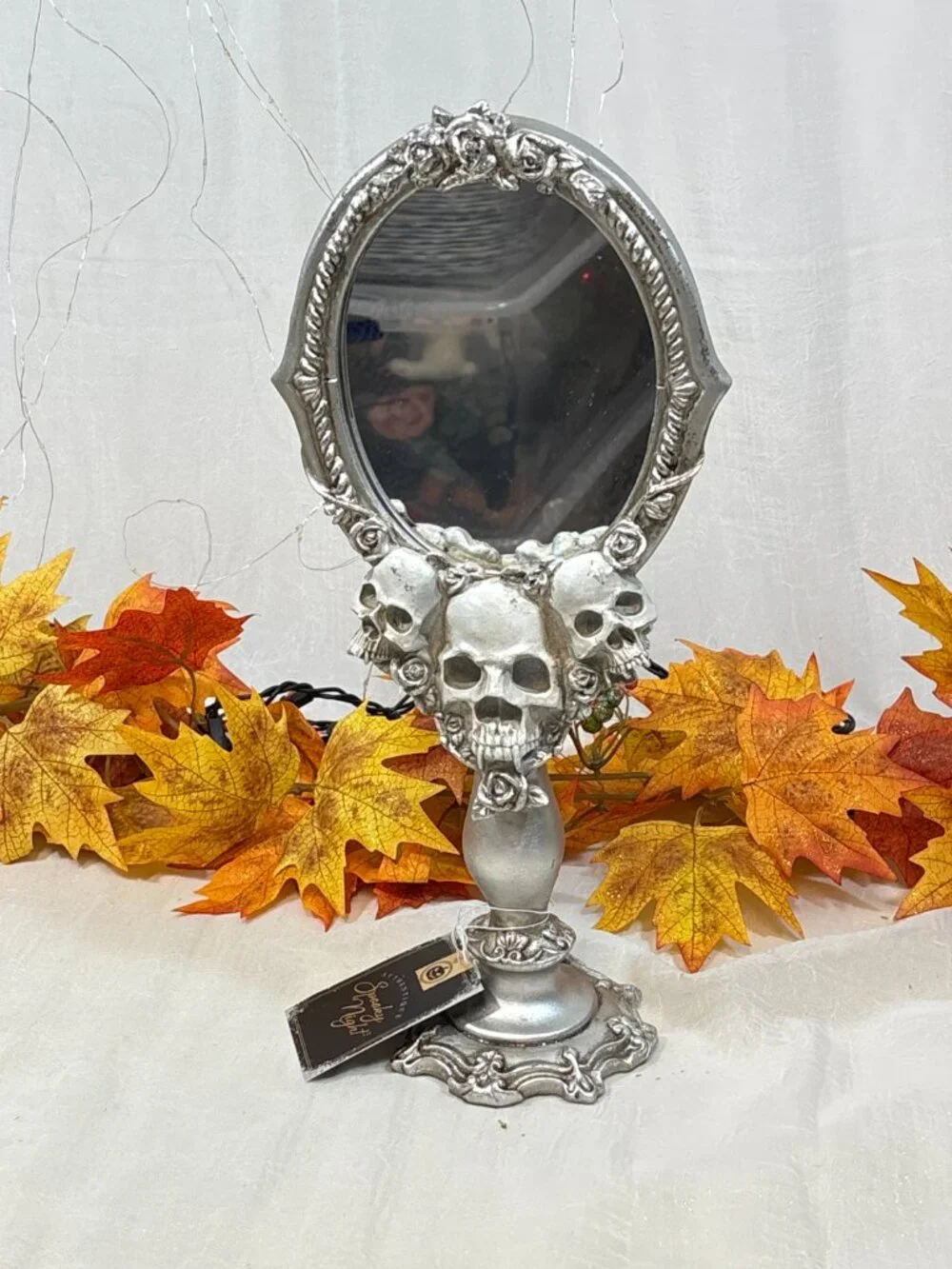 Halloween White Silver Skull Vintage Gothic Roses Vanity table top Mirror Decor